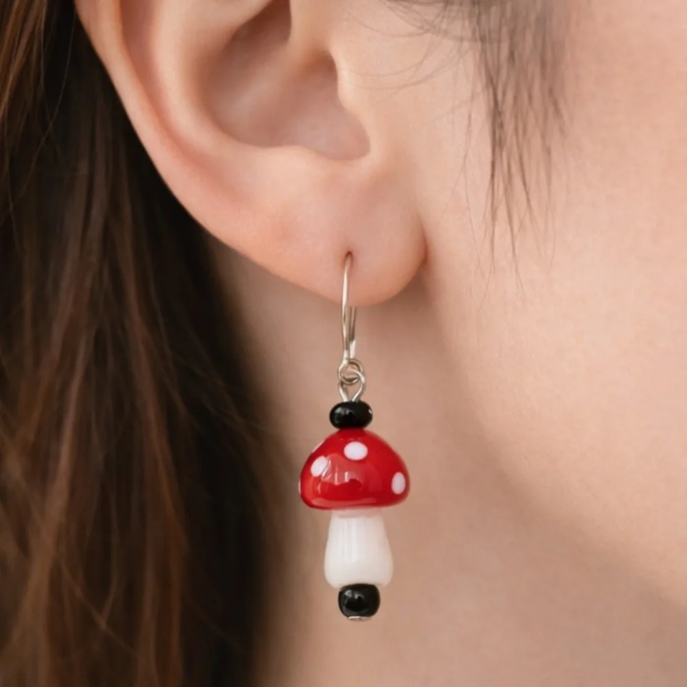 Handmade Red Mushroom Dangle Earrings Cottagecore Fairy